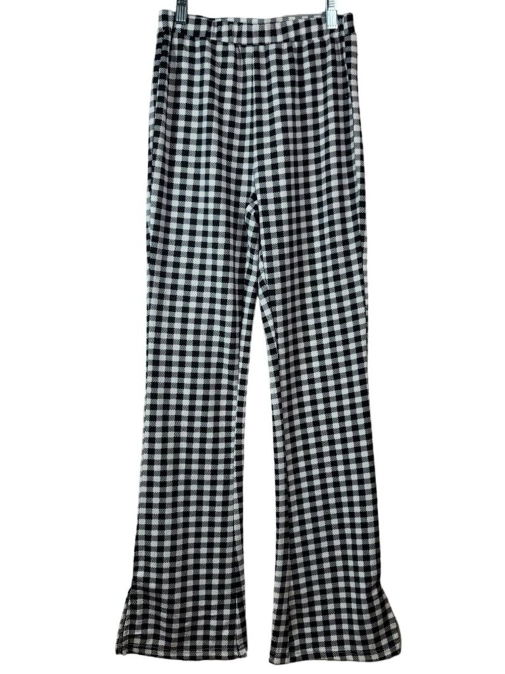Shein Womens Houndstooth Flare Pants Black White Small Check Pull On Unlined